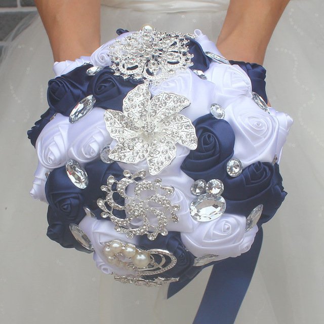 Bridal Crystal Rhinestone Satin Wedding Bouquet - 18cm navy blue white image