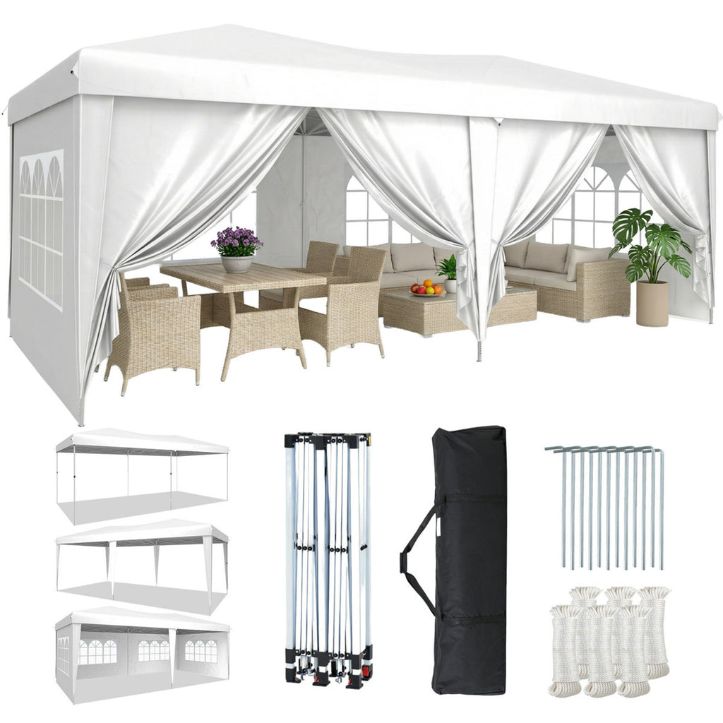3x6m Pop Up Party Gazebo with 6 Sidewalls, Instant 10x20ft Canopy Tent, Waterproof & UV Protected for Outdoor Events & Weddings - White