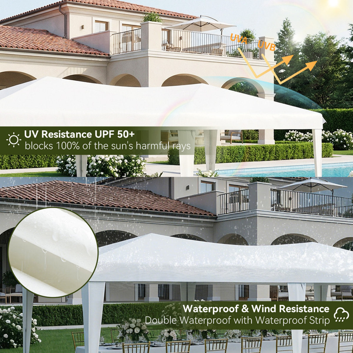 3x6m Pop Up Party Gazebo with 6 Sidewalls, Instant 10x20ft Canopy Tent, Waterproof & UV Protected for Outdoor Events & Weddings - White