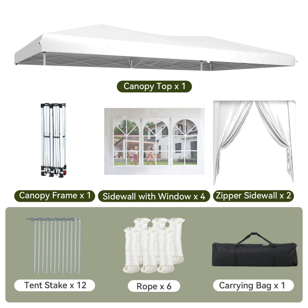 3x6m Pop Up Party Gazebo with 6 Sidewalls, Instant 10x20ft Canopy Tent, Waterproof & UV Protected for Outdoor Events & Weddings - White