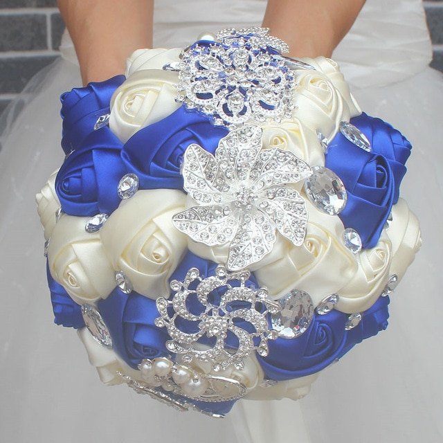 Bridal Crystal Rhinestone Satin Wedding Bouquet - 18cm ivory royalblue image