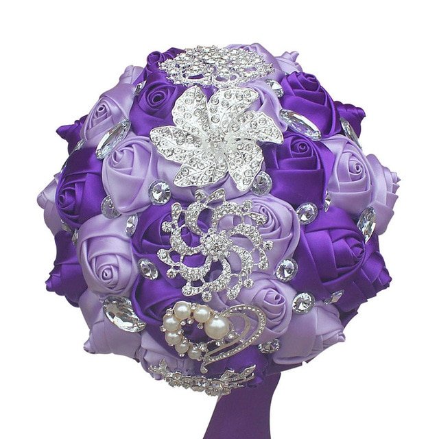 Bridal Crystal Rhinestone Satin Wedding Bouquet - 18cm liacl purple image
