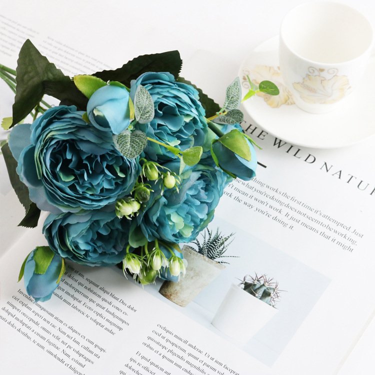 5-Head Silk Peony Rose Artificial Flower Bouquet - Blue image