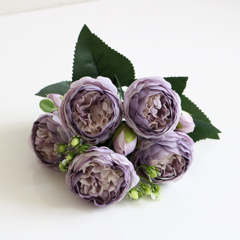 5-Head Silk Peony Rose Artificial Flower Bouquet - Violets image