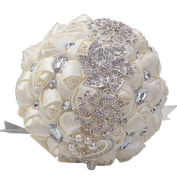 Bridal Crystal Rhinestone Satin Wedding Bouquet - 18cm ivory image