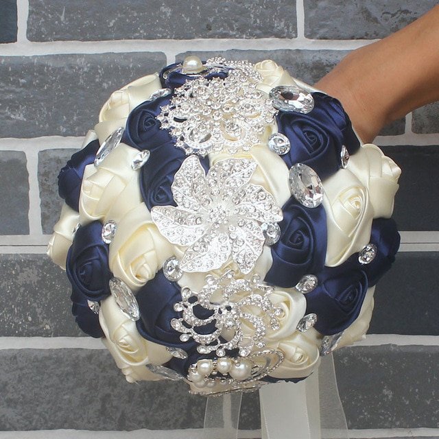 Bridal Crystal Rhinestone Satin Wedding Bouquet - 18cm ivory navy blue image