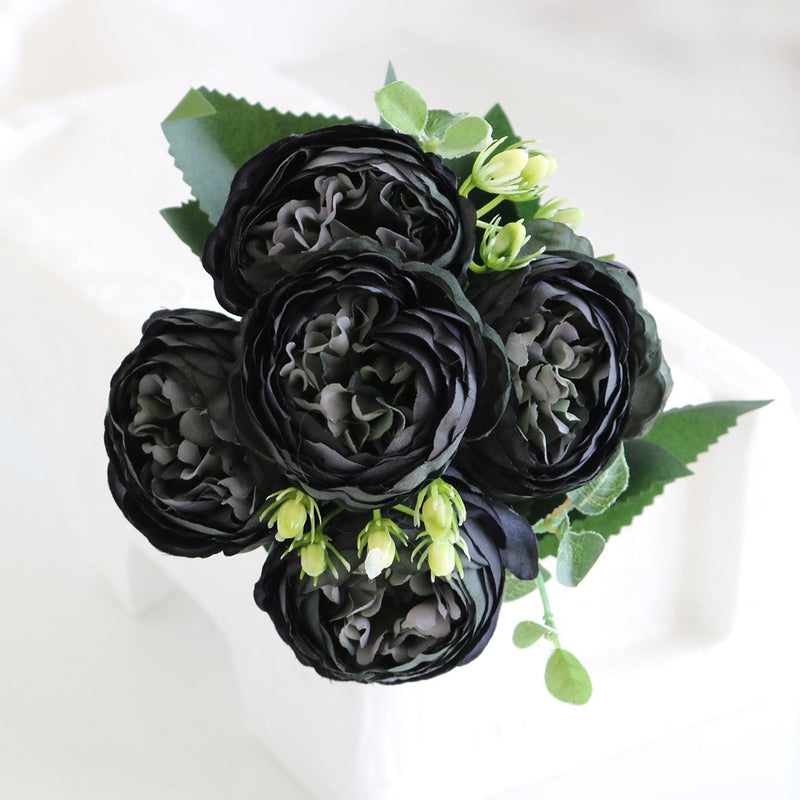 5-Head Silk Peony Rose Artificial Flower Bouquet - Black violet image