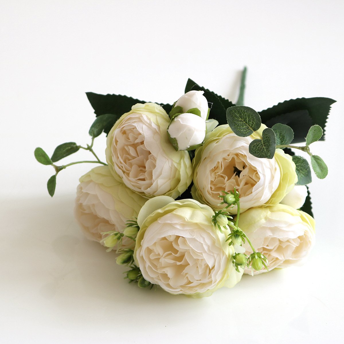 5-Head Silk Peony Rose Artificial Flower Bouquet - White Green image