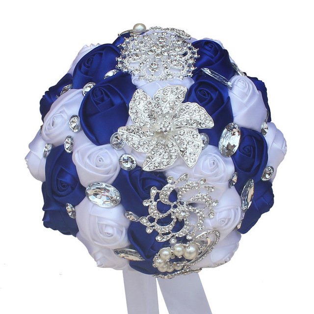 Bridal Crystal Rhinestone Satin Wedding Bouquet - 18cm royal blue image